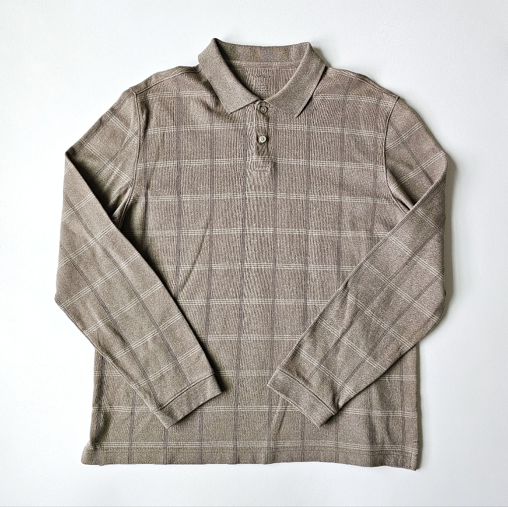 Van Heusen Long Sleeve Windowpane Polo Shirt Men’s Large Brown Taupe Knit Casual